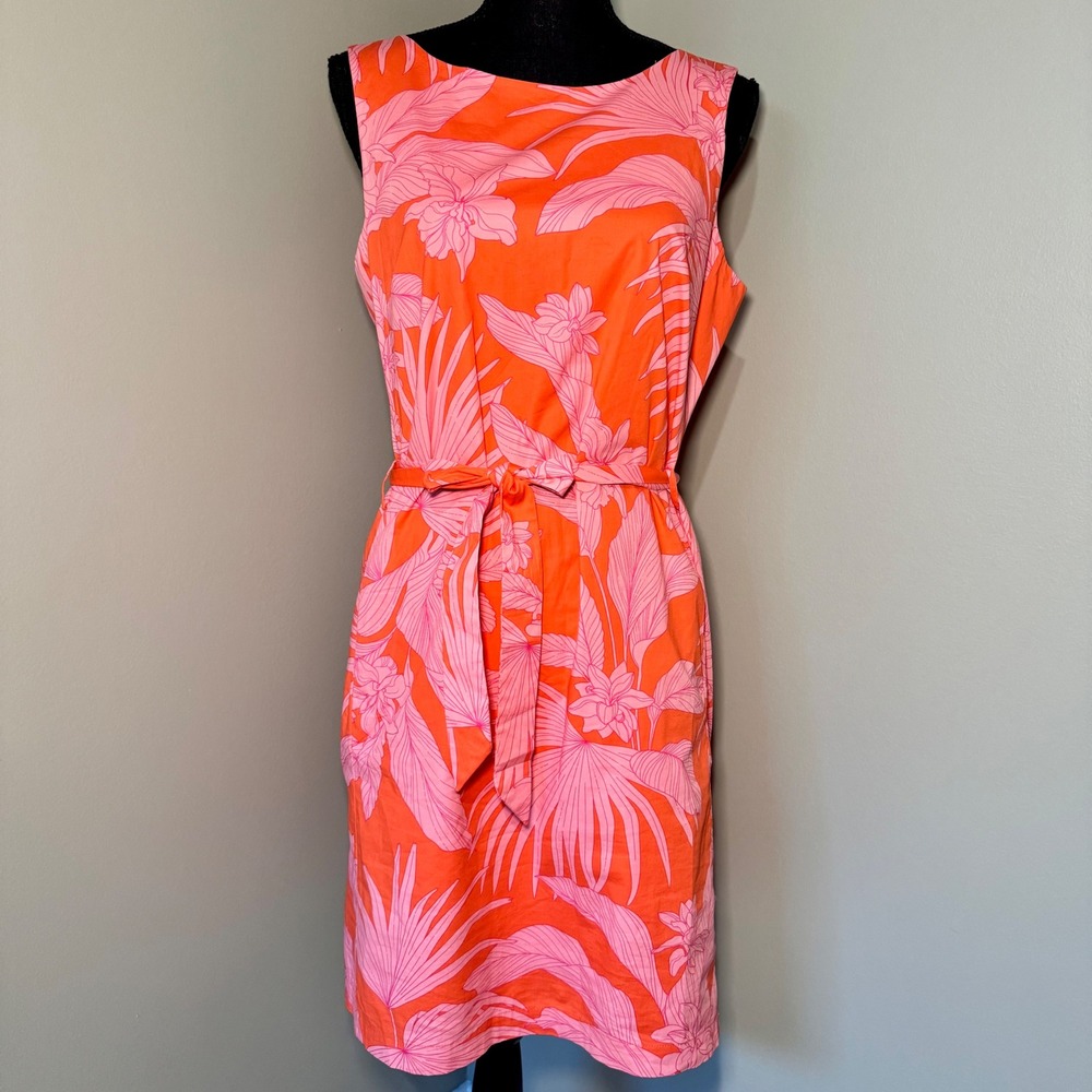Tori Richard Womens Orange Pink Tropical Floral Belted Cotton Shift Dress 10
